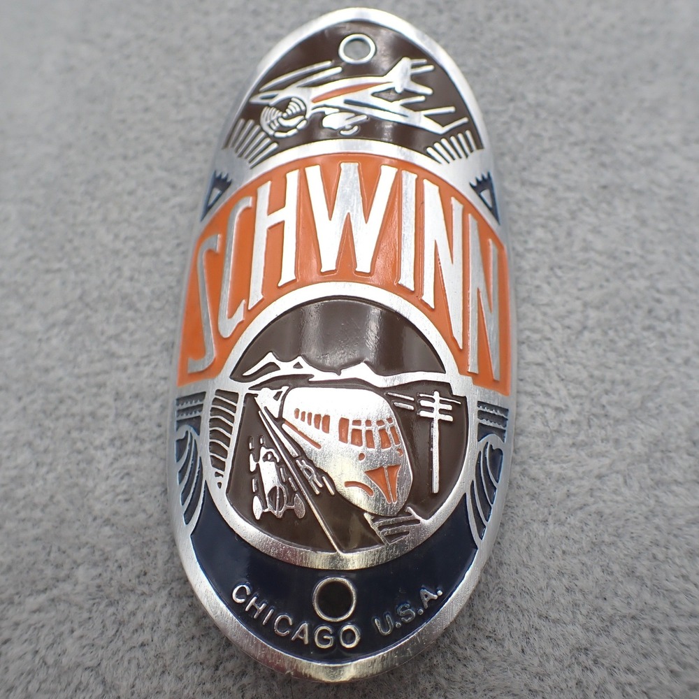 Schwinn Bicycle Head Badge Chicago USA Train Airplane Metal Emblem Orange Blue